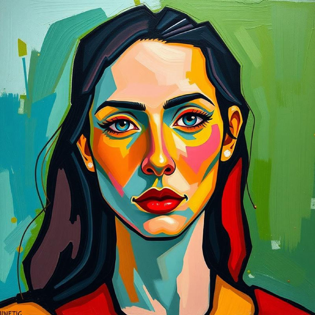 A vibrant painting of a woman's face with blue eyes and dark hair.