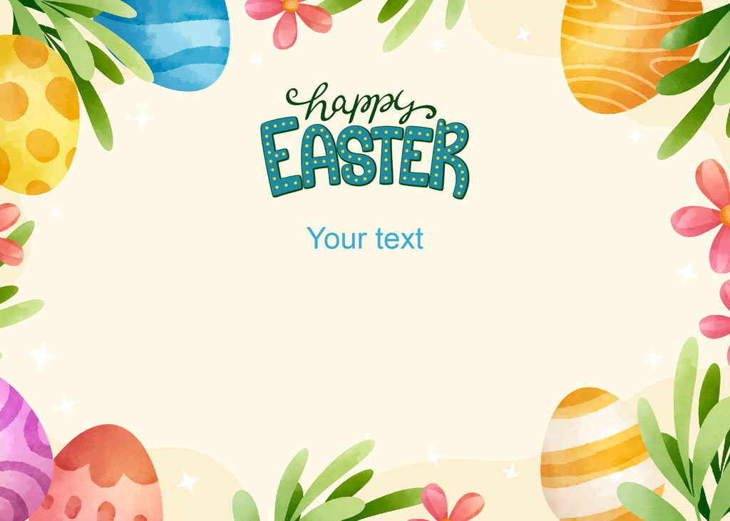 Easter greeting card with decorated eggs and flowers