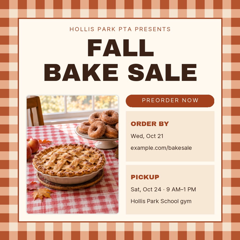Square fall bake sale preorder post with pies, donuts, and pickup details on a plaid background.