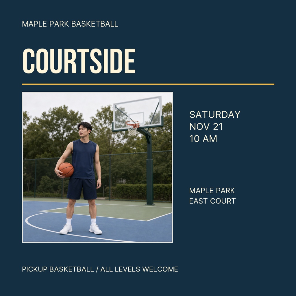 A basketball player stands on an outdoor court near the hoop with event details beside him.