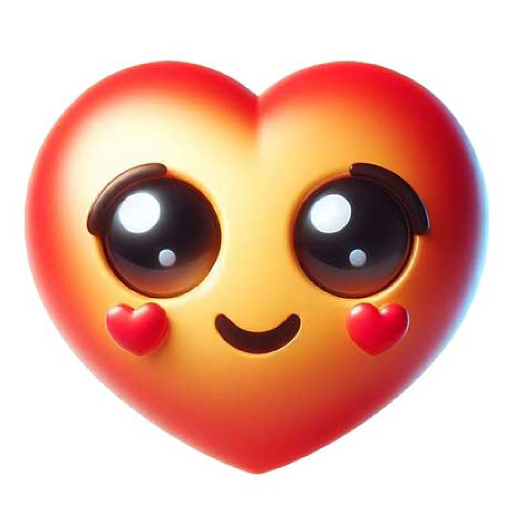 A red heart with a smiling face and blue eyes