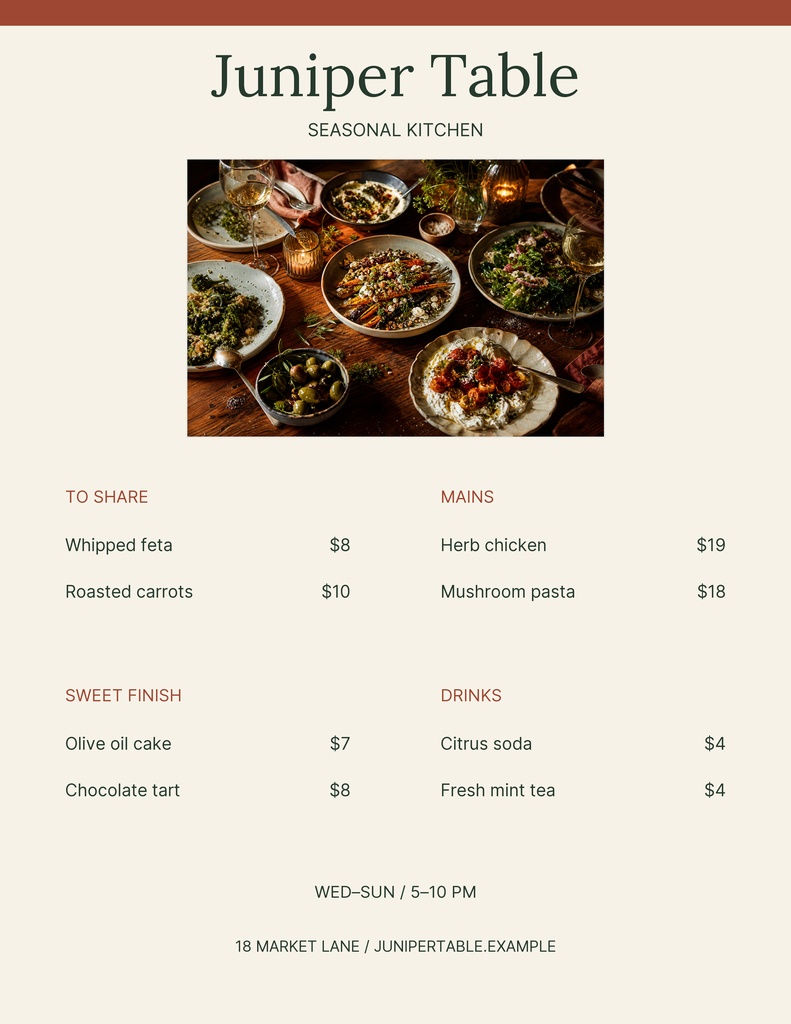 Preview for Juniper Table Letter Menu / Price List Template