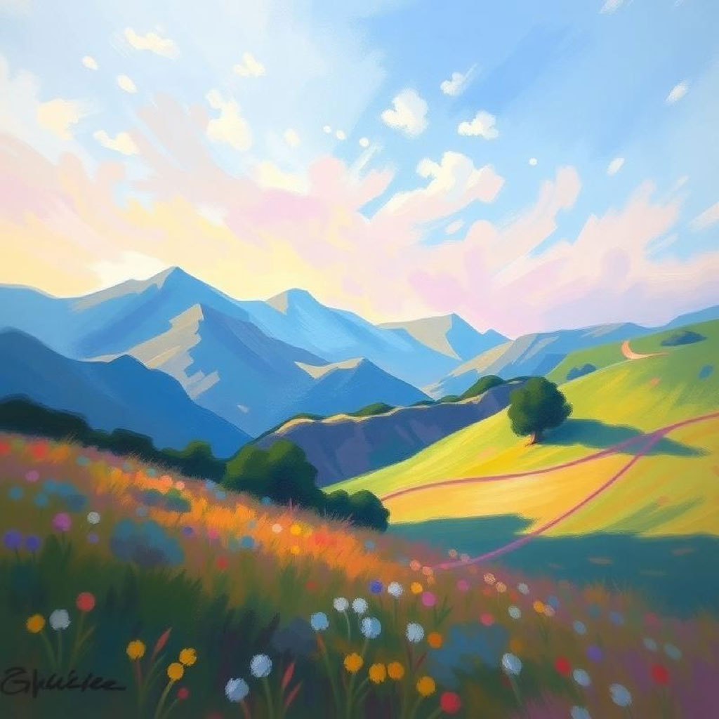 A serene digital painting depicting a mountain range with lush green hills and vibrant wildflowers in the foreground.