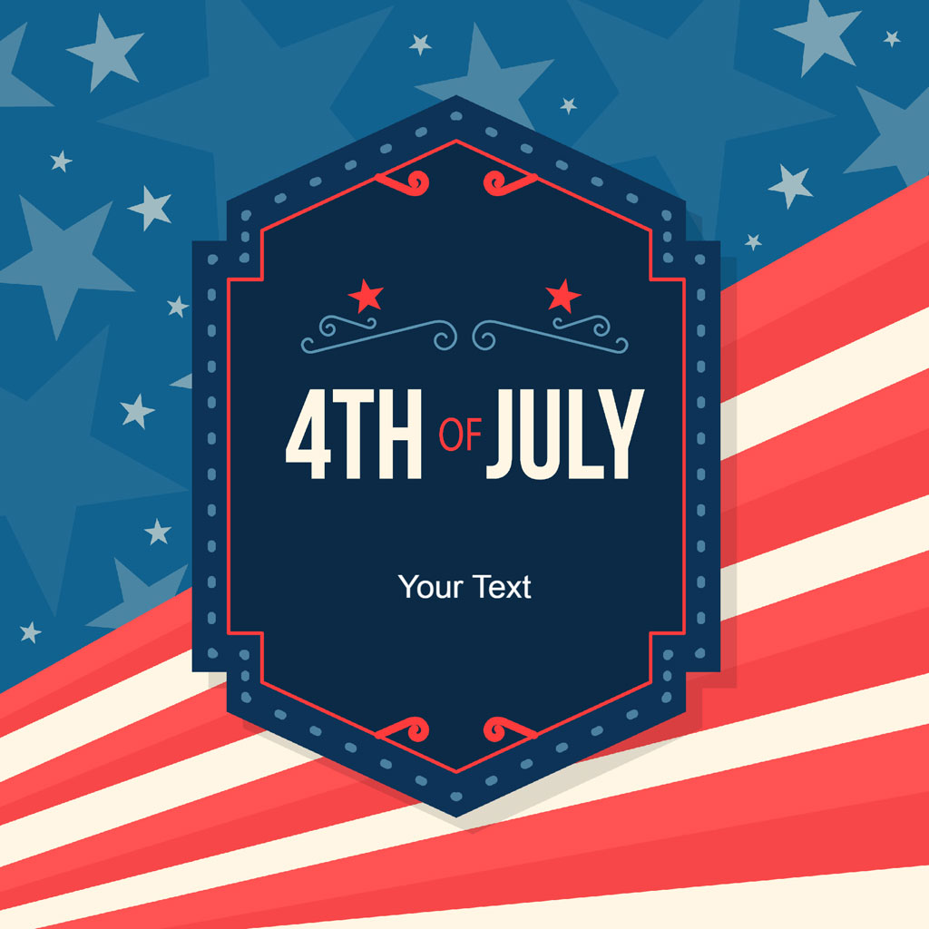 4th of July graphic with American flag and stars