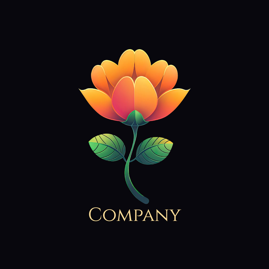 Stylized orange flower with green leaves and COMPANY text on black background