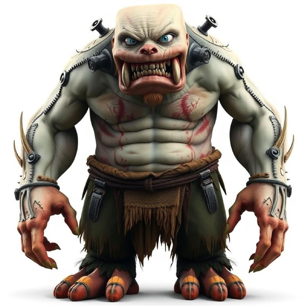 A muscular, green-skinned creature with sharp teeth and claws, and metal accents on its shoulders and arms.