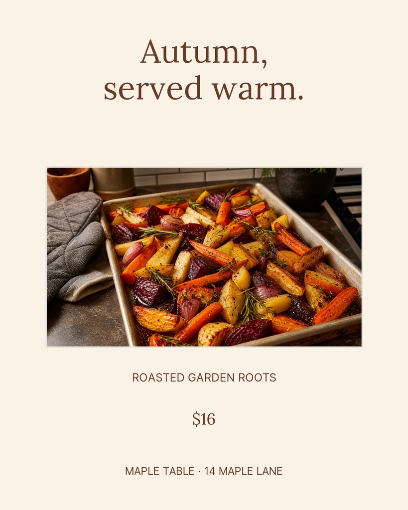 Portrait menu design with roasted garden roots photo and autumn text on a cream background.