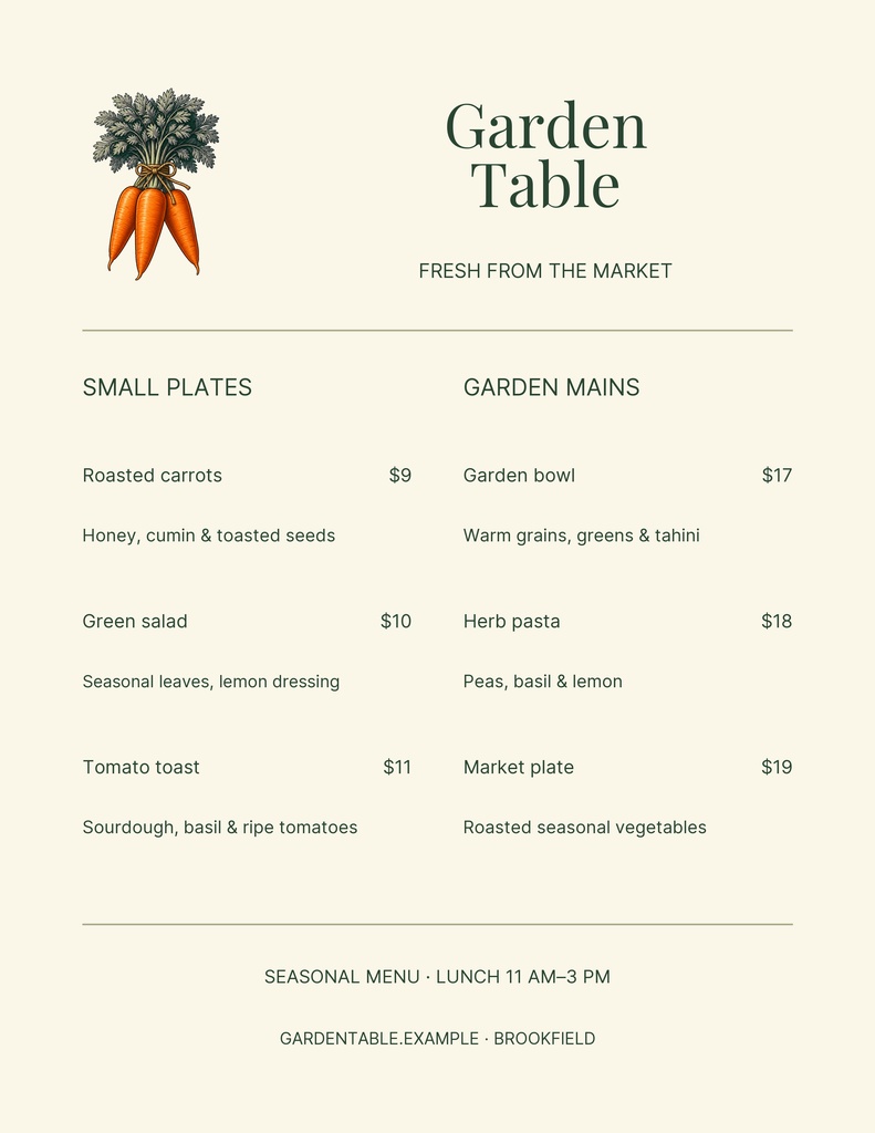 Preview for Garden Table Letter Menu / Price List Template