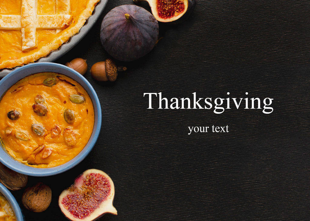Thanksgiving dishes with pumpkin soup and pie