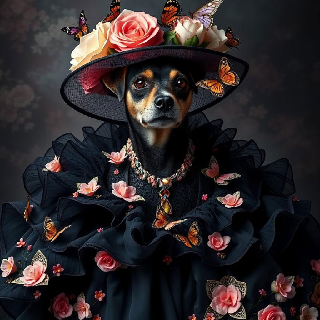 Woman in floral dress and hat with roses and butterflies