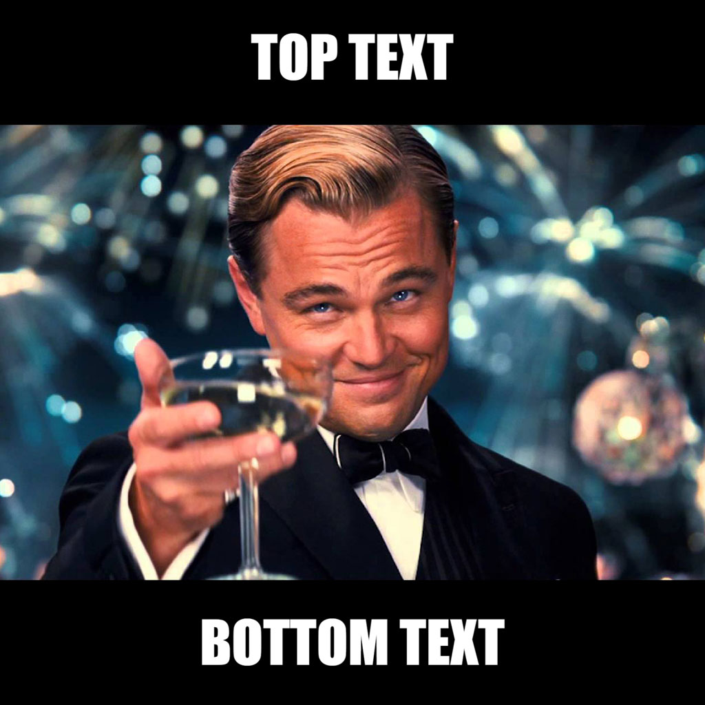 Leonardo DiCaprio in a tuxedo holding a glass of champagne