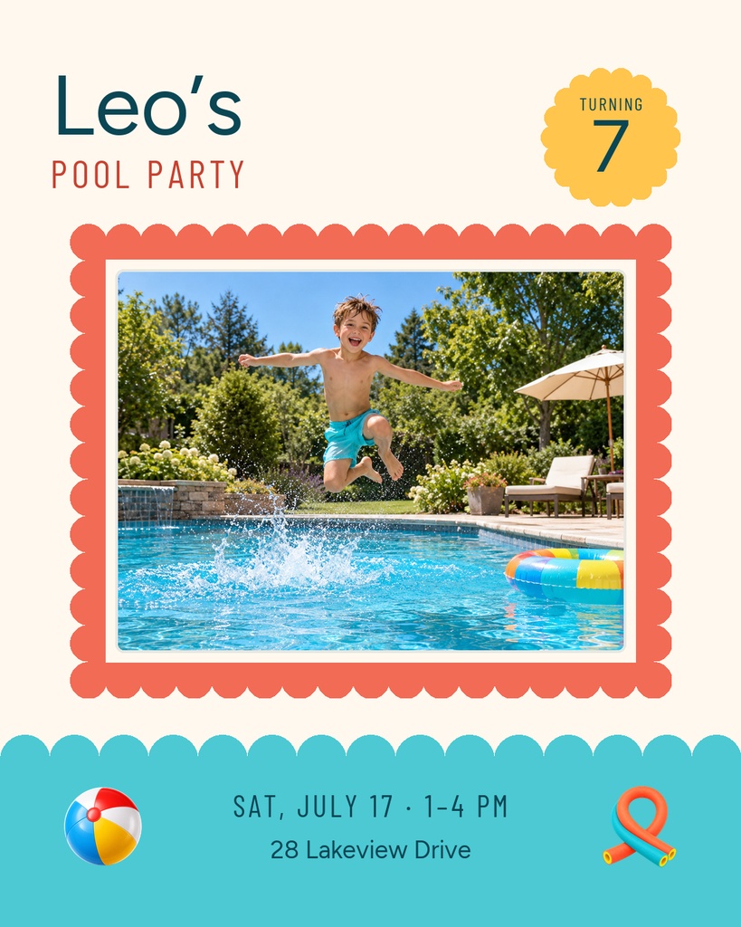 A 7th birthday pool party invitation with a child jumping into a swimming pool.