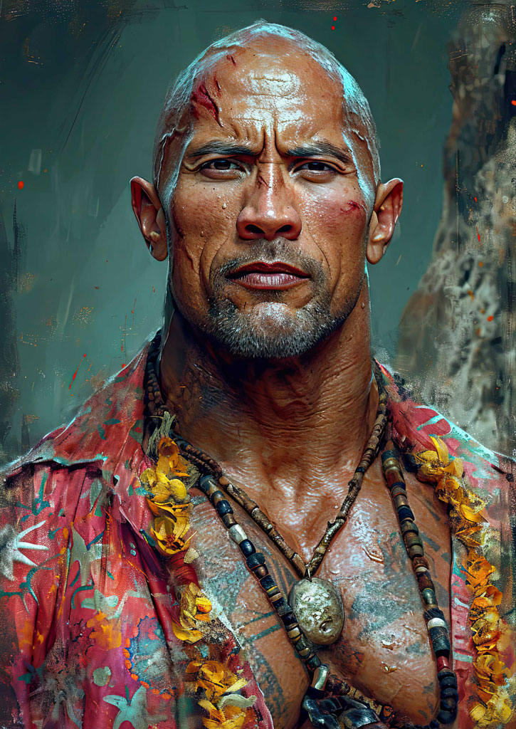 A portrait of a man with a shaved head, wearing a floral shirt and beaded necklaces, with visible tattoos on his chest.