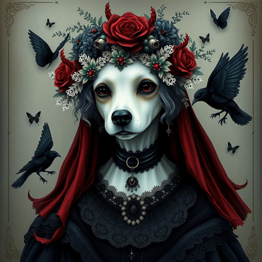 Digital artwork of a woman with a floral crown and ravens