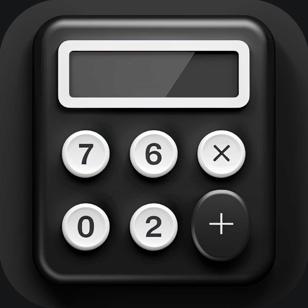 A black calculator with white buttons and a display screen