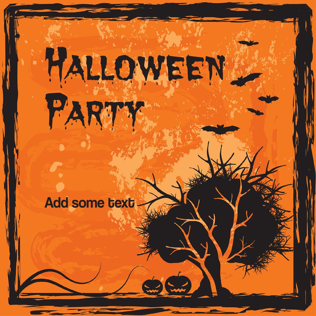 Halloween party invitation with a bare tree and jack-o-lanterns