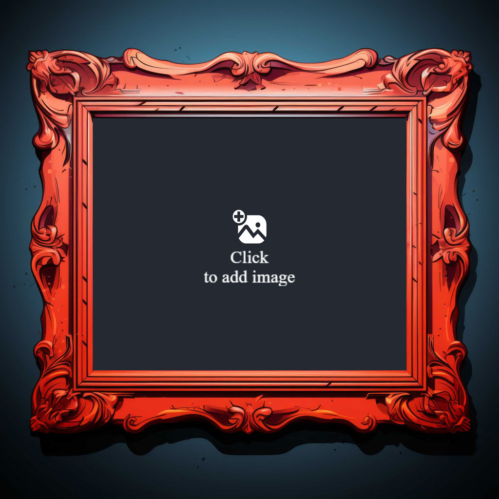 An ornate red picture frame against a dark teal background.