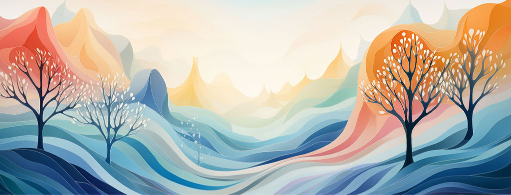 Abstract digital landscape with colorful hills and trees