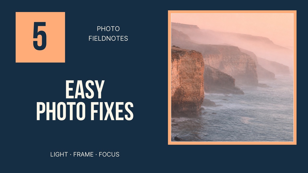 YouTube thumbnail template with the text Easy Photo Fixes and a landscape photo beside it.