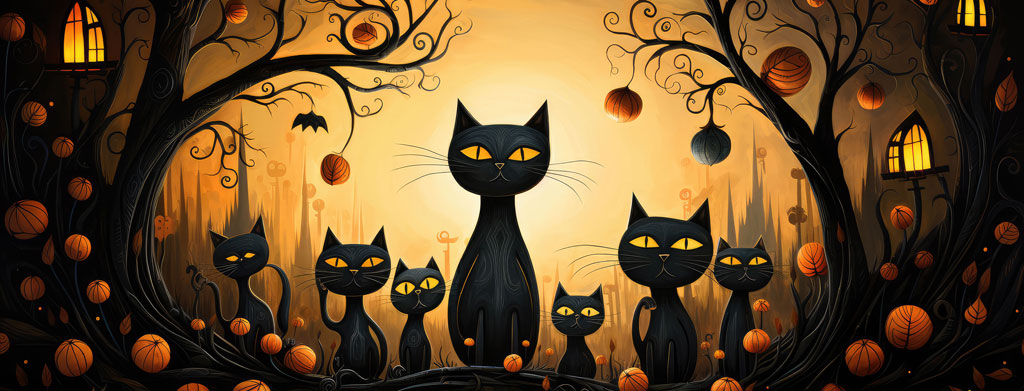 Illustration of multiple black cats with glowing yellow eyes in a Halloween scene