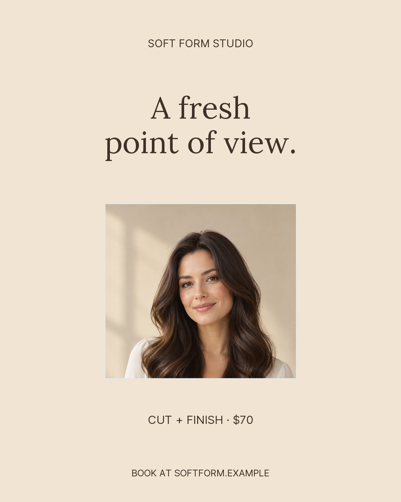 Minimal beige salon post with a woman’s portrait, headline, service price, and booking text.