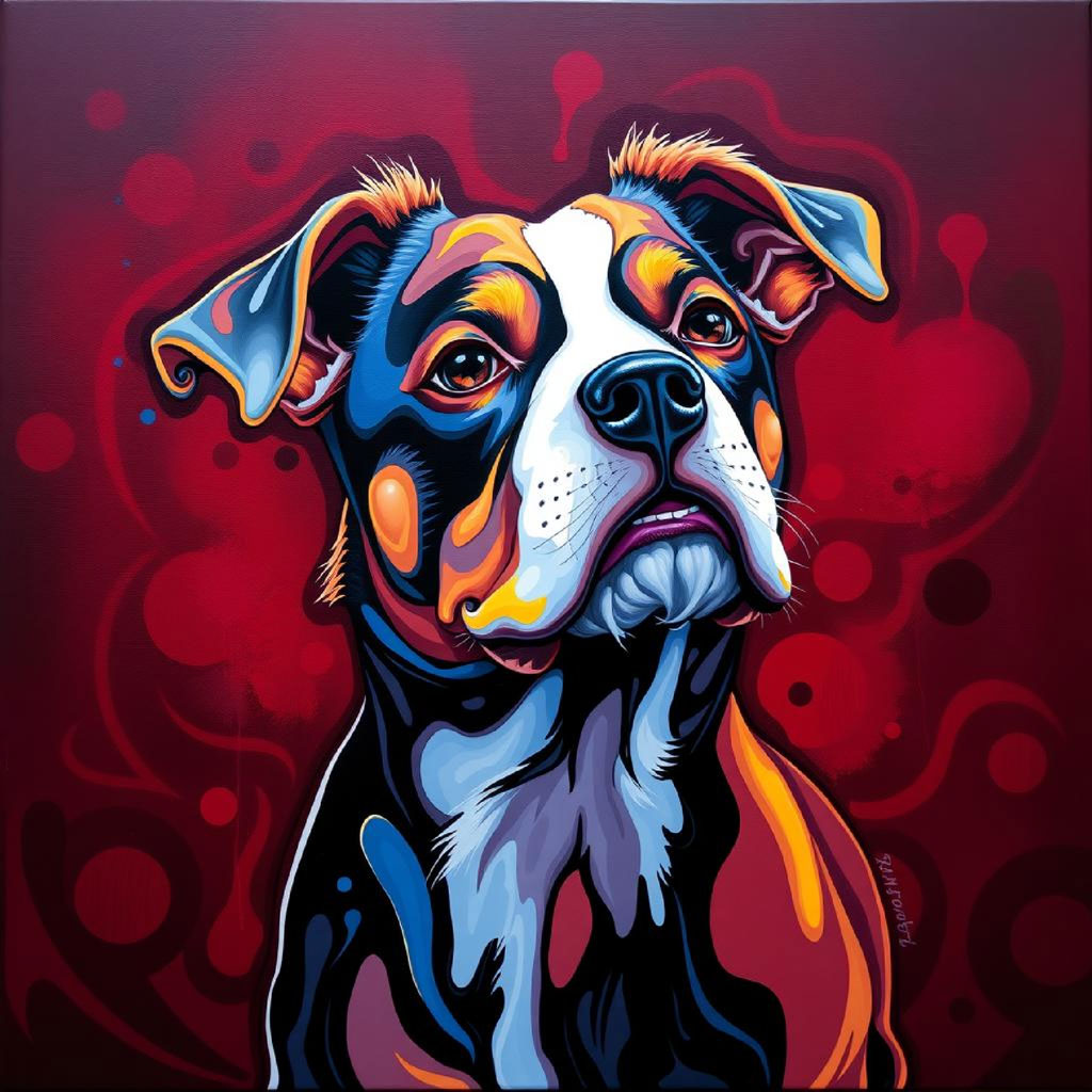 A colorful abstract painting with swirling patterns and dots in shades of yellow, blue, purple, and pink.