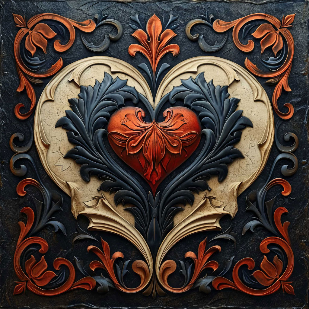 Ornate heart with red center and black floral patterns on a dark background