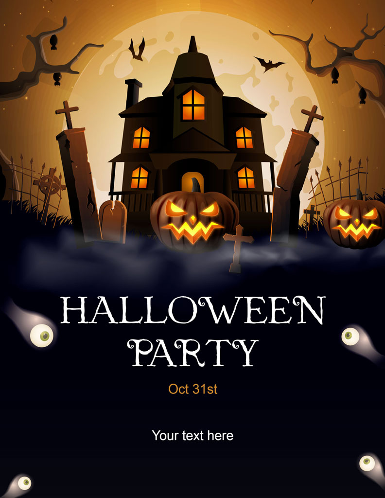 Halloween party invitation with haunted house and pumpkins