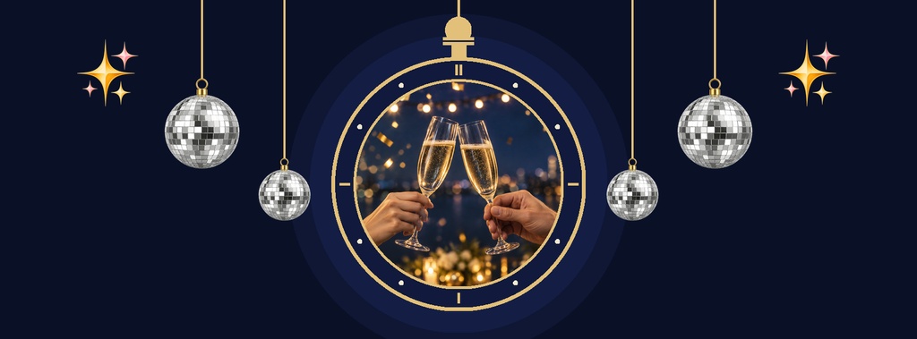 Dark blue New Year’s Eve party cover with champagne glasses, disco balls, and gold circles.