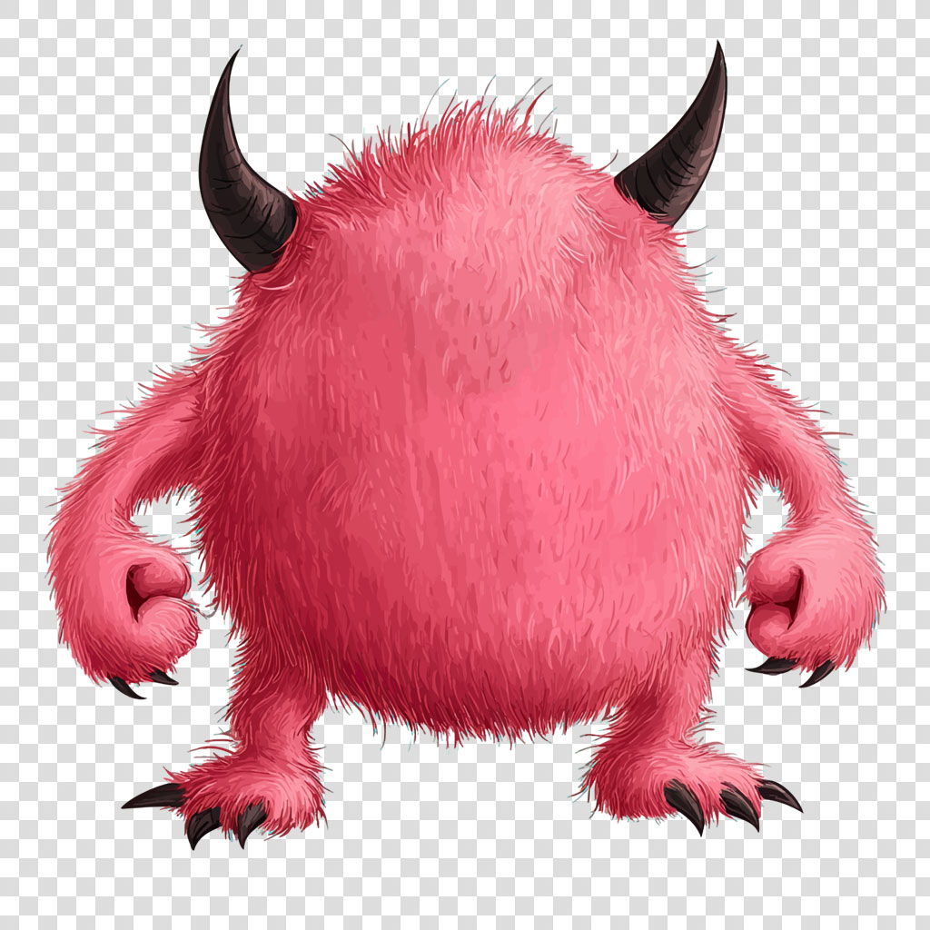 A pink, furry monster with black horns and sharp claws on a white background.