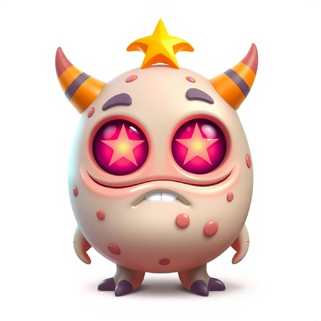 A cartoon monster with star eyes and orange horns.