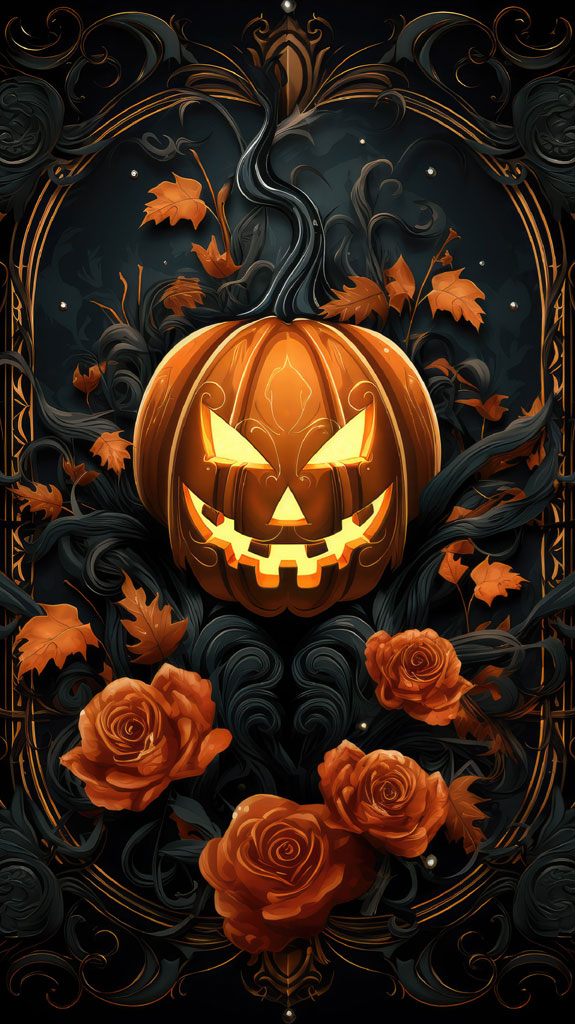 A carved pumpkin with a menacing face surrounded by orange roses and leaves.