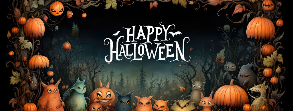 Halloween greeting with cats and pumpkins in a spooky forest