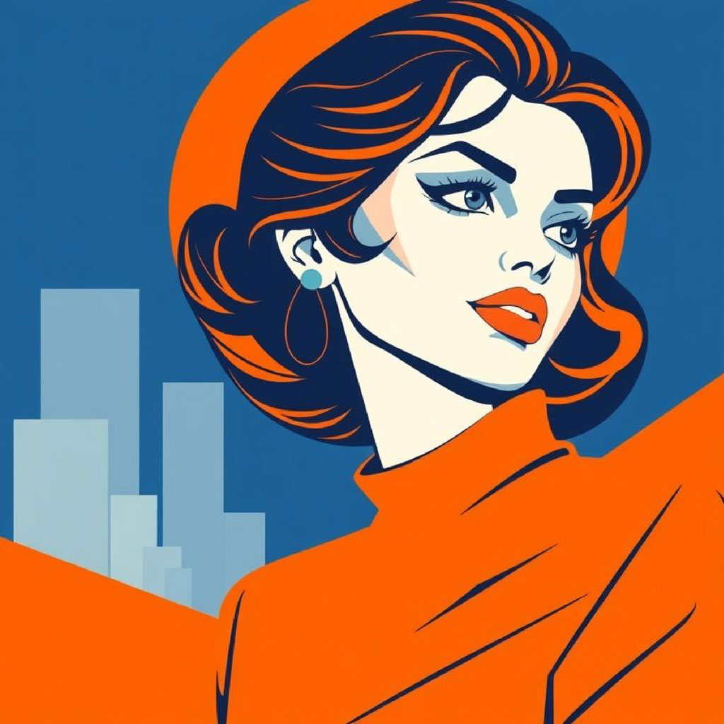 Illustration of a woman in orange attire with a city skyline behind her