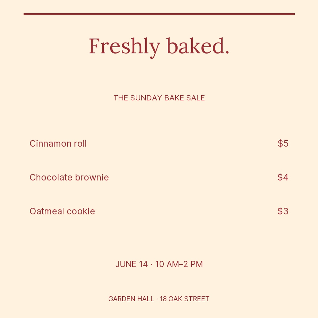 Square bake sale menu with freshly baked title, dessert list, prices, date, and venue details.