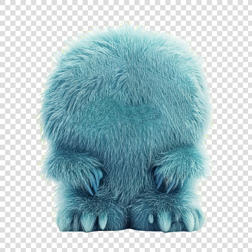 A blue, furry plush toy with large paws and a cute face