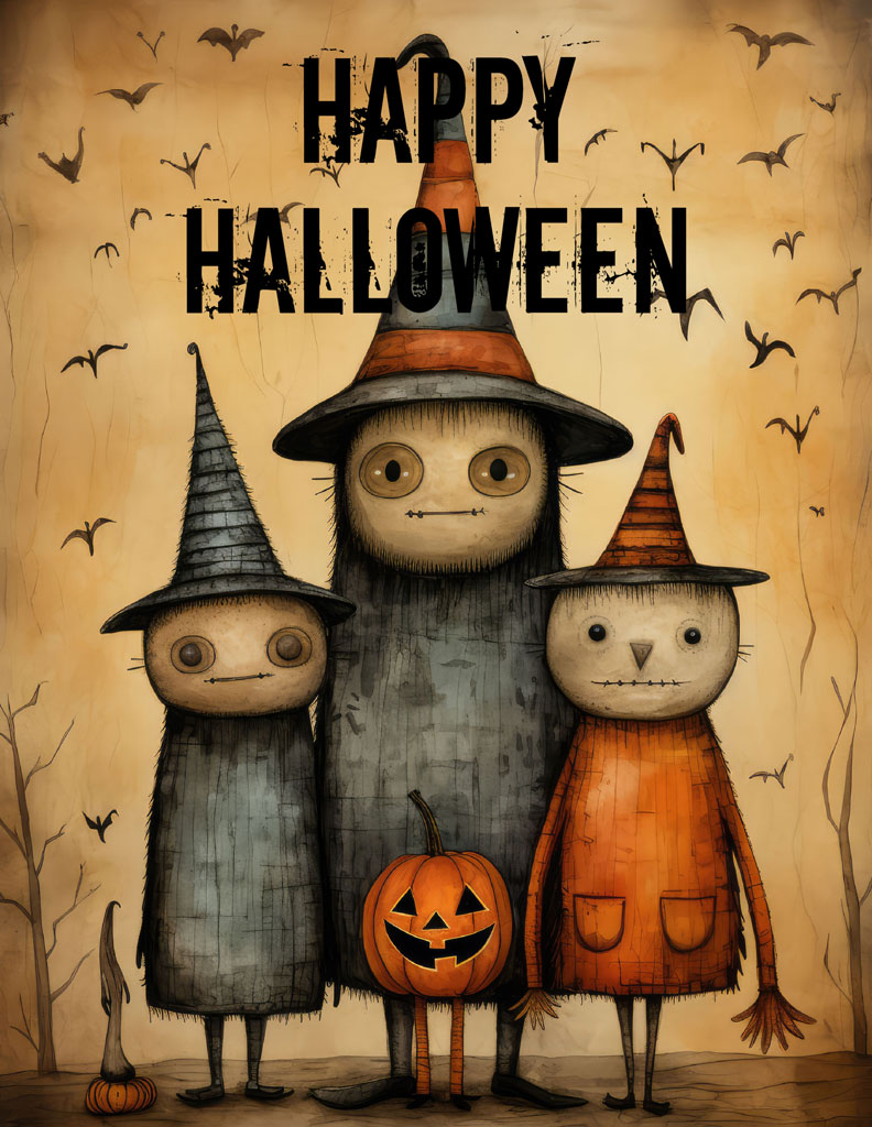 Three cartoon characters in witch hats standing together with a pumpkin