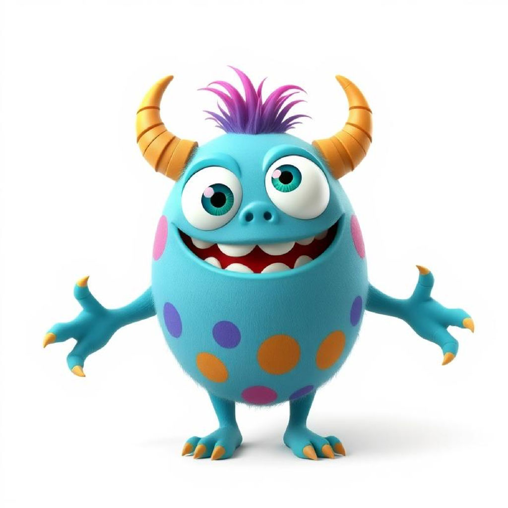 A cartoon monster with blue fur, yellow horns, and colorful spots