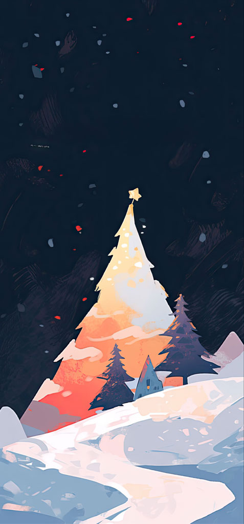 Illustration of a Christmas tree with a star on top, surrounded by snow-covered hills and a small house.