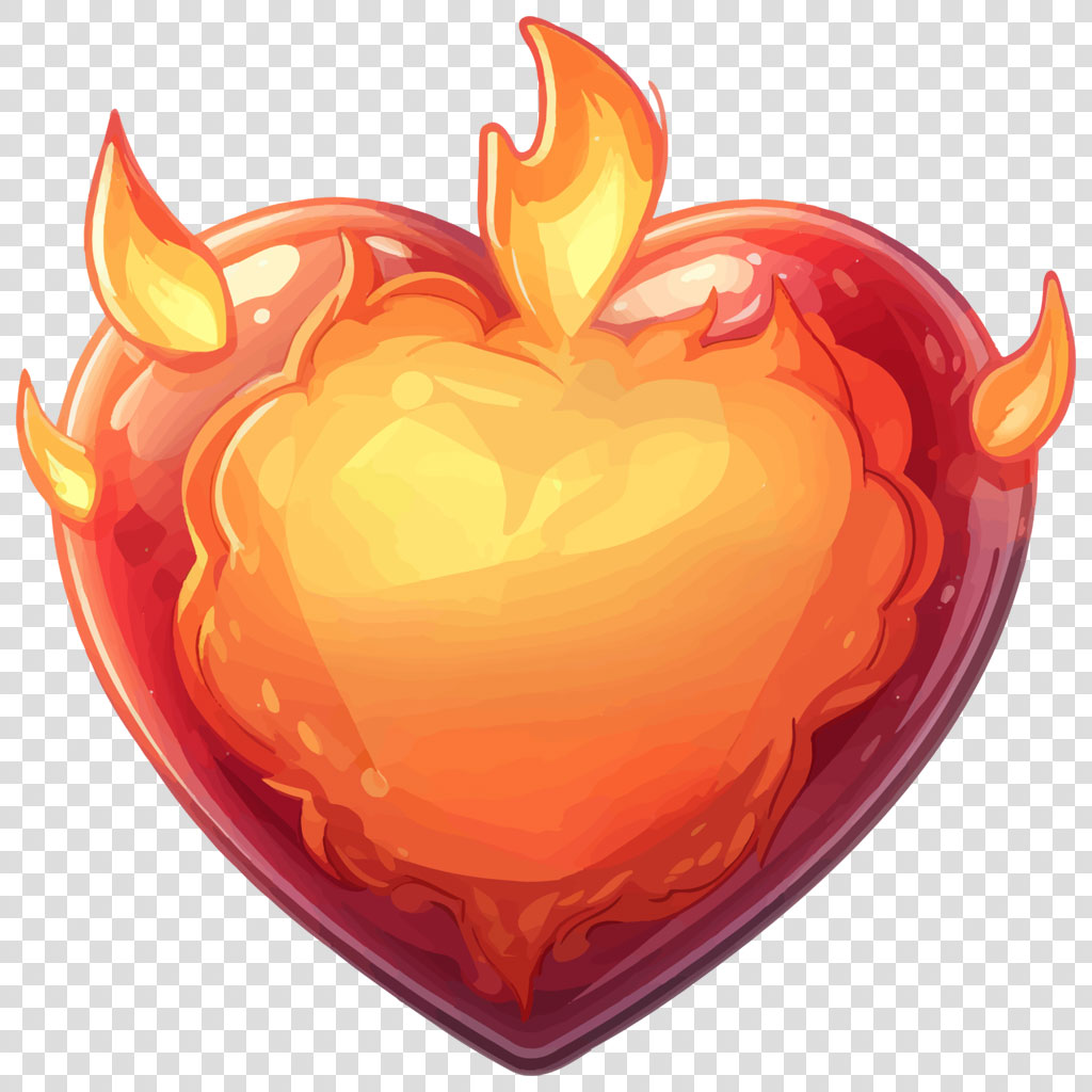 A heart shape engulfed in flames, depicted in shades of orange and red.