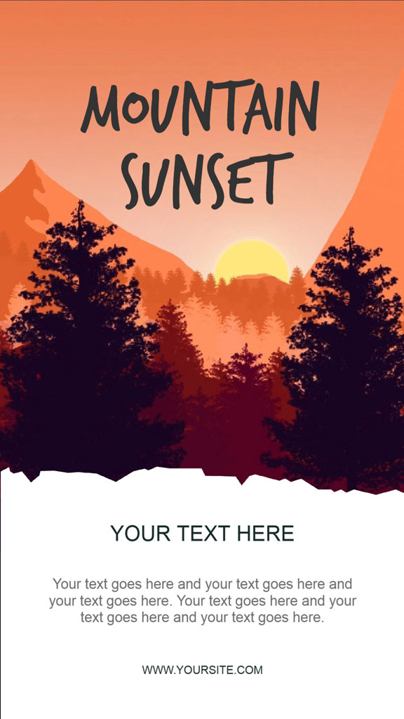 Mountain sunset landscape with silhouetted trees and mountains