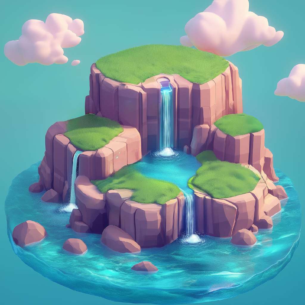 A 3D illustration of a serene island with multiple waterfalls and grassy cliffs.