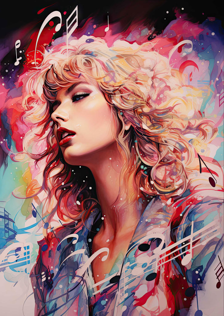 Digital art of a woman with curly hair and musical notes