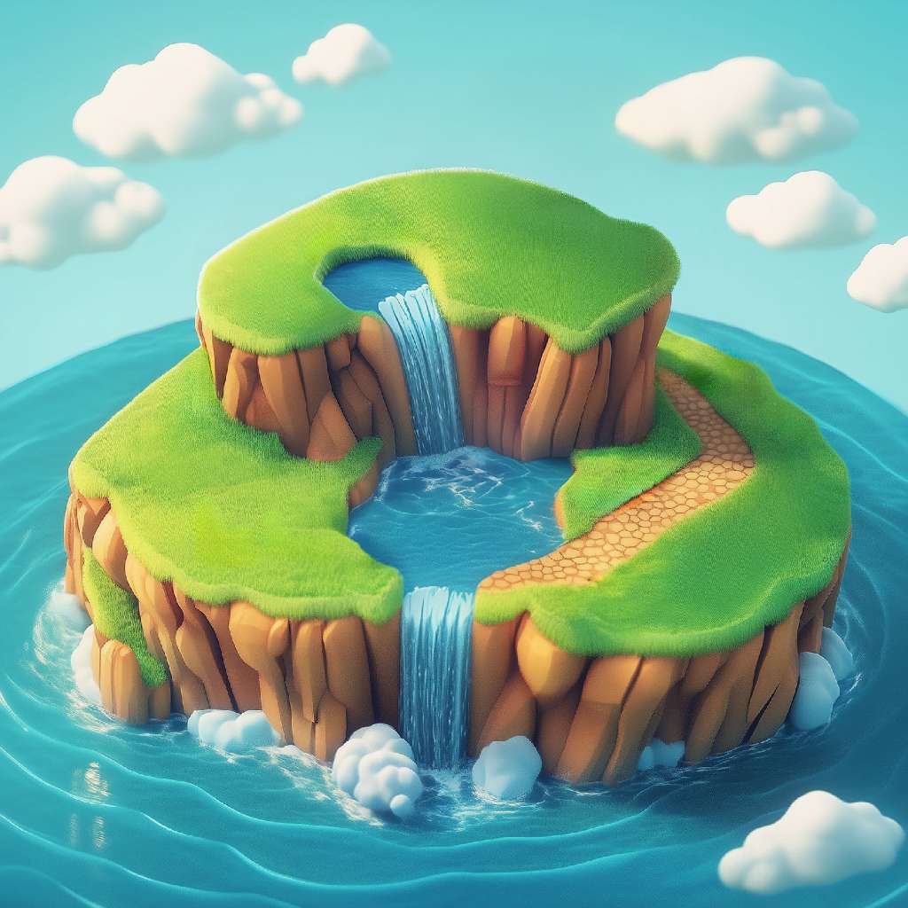 A 3D rendering of a circular island with a waterfall, surrounded by water and clouds.