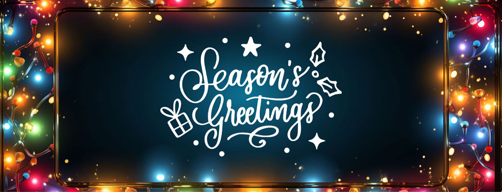 Season's Greetings card with multicolored lights around the border