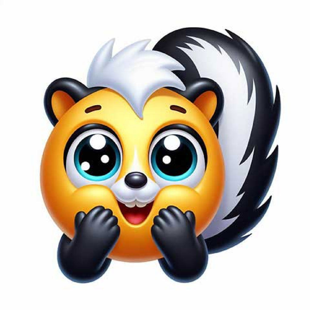 A cute 3D rendered skunk with large eyes and a friendly smile