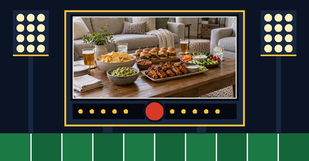 Football field themed social cover with a party food table centered on a screen.