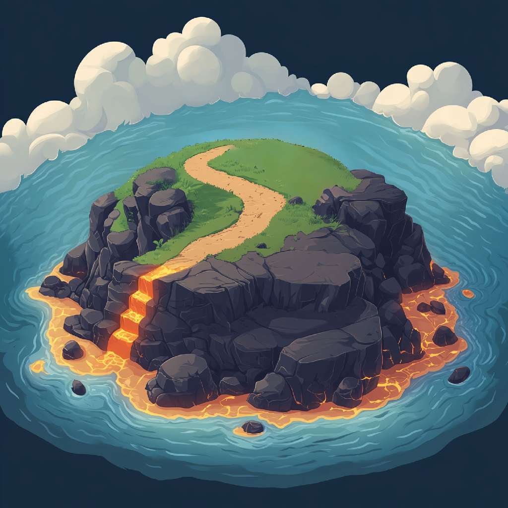 A cartoon island with a winding path and volcanic activity around its edges.
