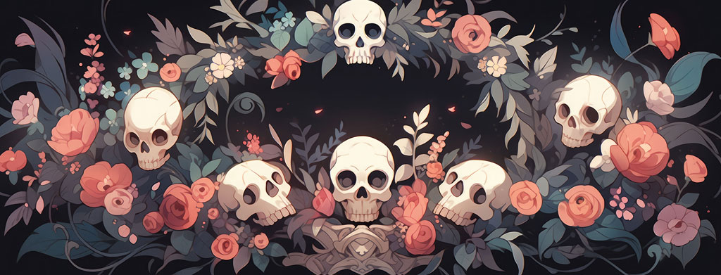 A wreath of flowers and skulls on a black background