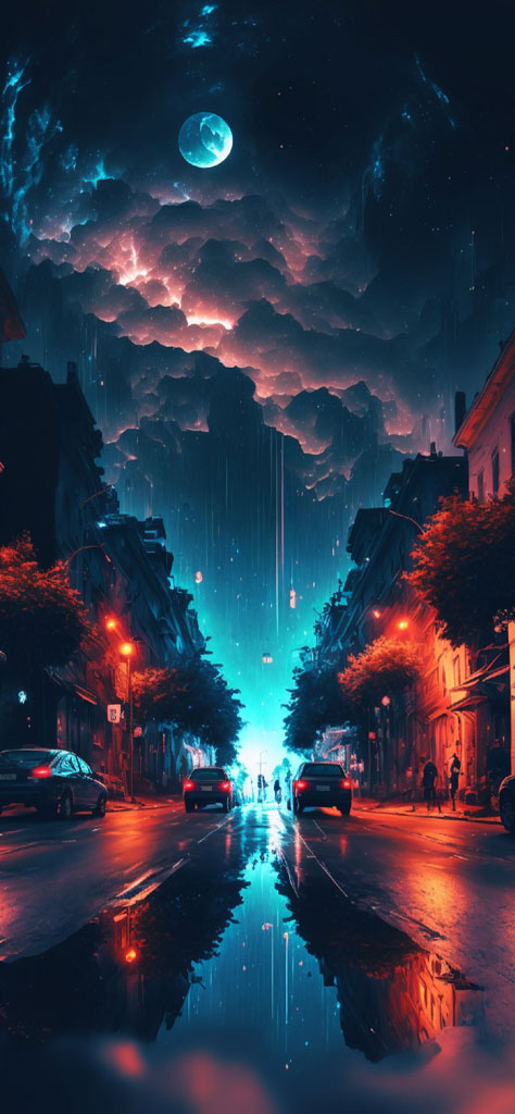 A city street at night with a full moon and neon lights reflecting off the wet road.